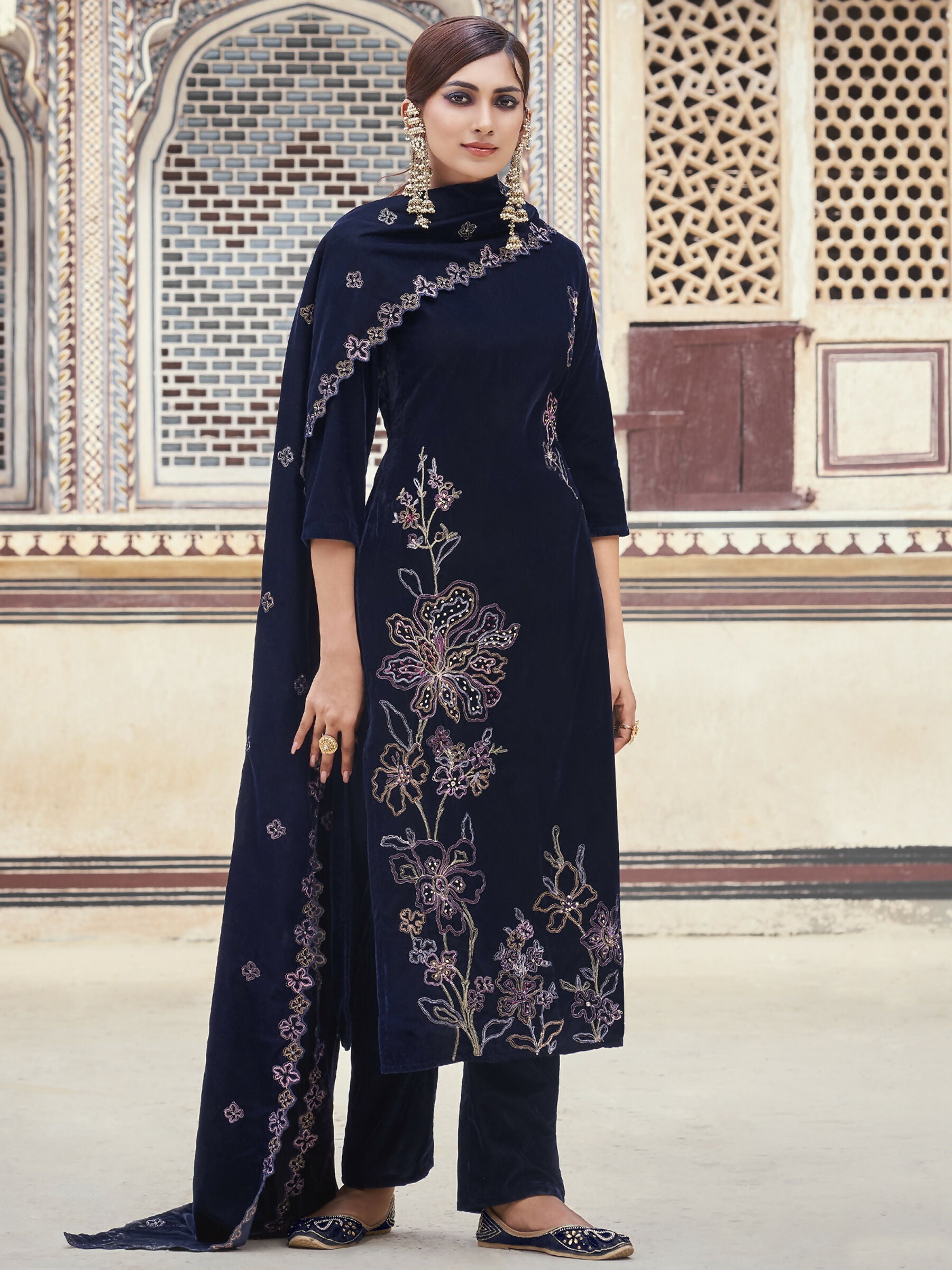 Jyoti Fashion Women's Navy Blue Velvet Resham Thread with Jari & Sequin Kurta with Trouser & Dupatta