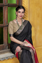 Vastranavya Black Printed with Zari Weaving Work Poly Cotton Saree & Unstitched Blouse - Distacart