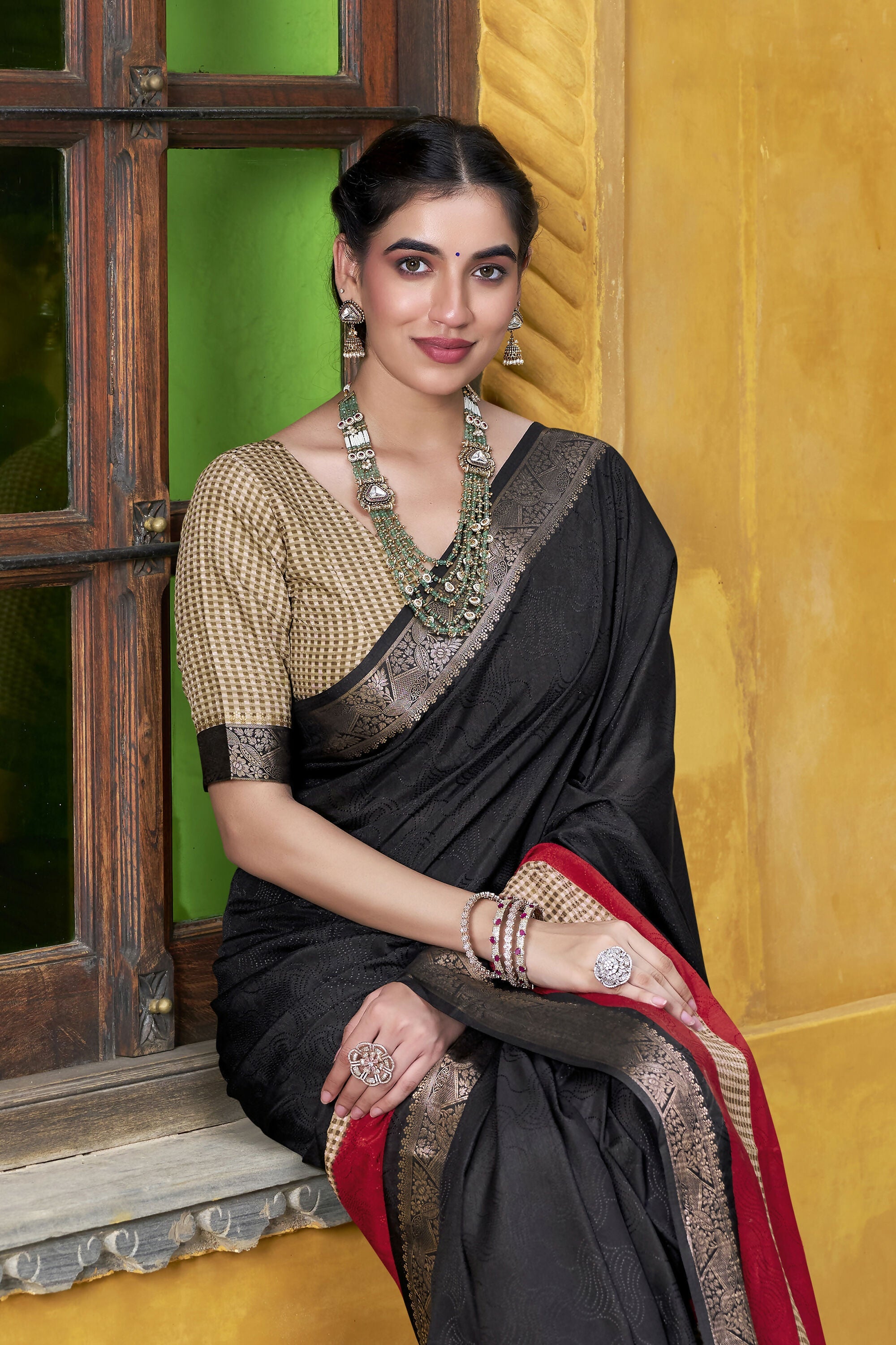 Vastranavya Black Printed with Zari Weaving Work Poly Cotton Saree & Unstitched Blouse - Distacart