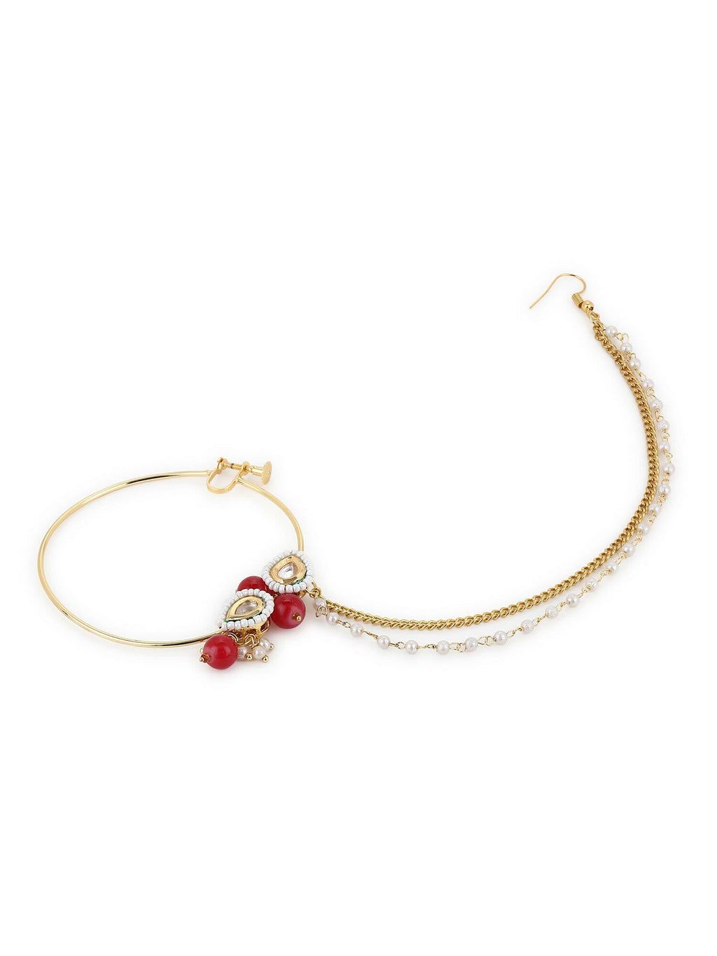 Gold-Pleated Red White Kundan Studded Beaded Nosepin - Ruby Raang - Distacart