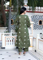 Miravan Women's Moti And Chikan Embroidered Bandhani Printed A-Line Mehandi Kurta Palazzo Set