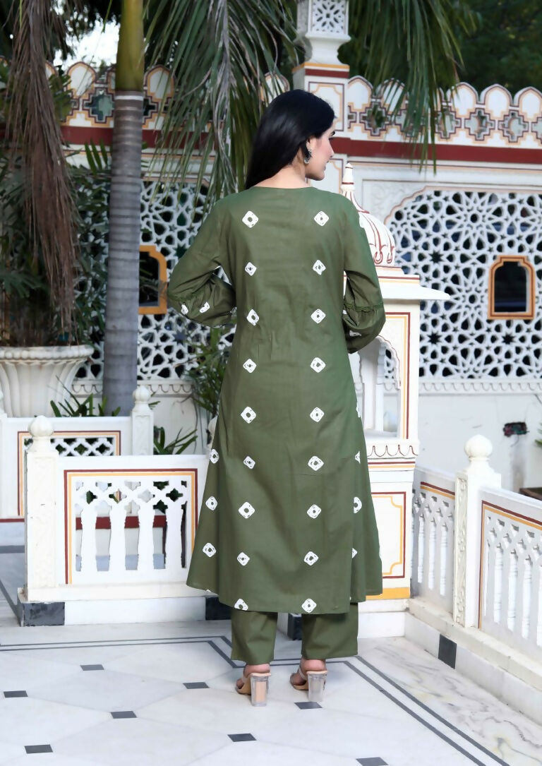 Miravan Women's Moti And Chikan Embroidered Bandhani Printed A-Line Mehandi Kurta Palazzo Set
