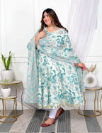 Miravan Women's Plus Size Light Green Cotton Birds And Leaf Floral Printed And Lace Border Details Anarkali Kurta And Dupatta Set