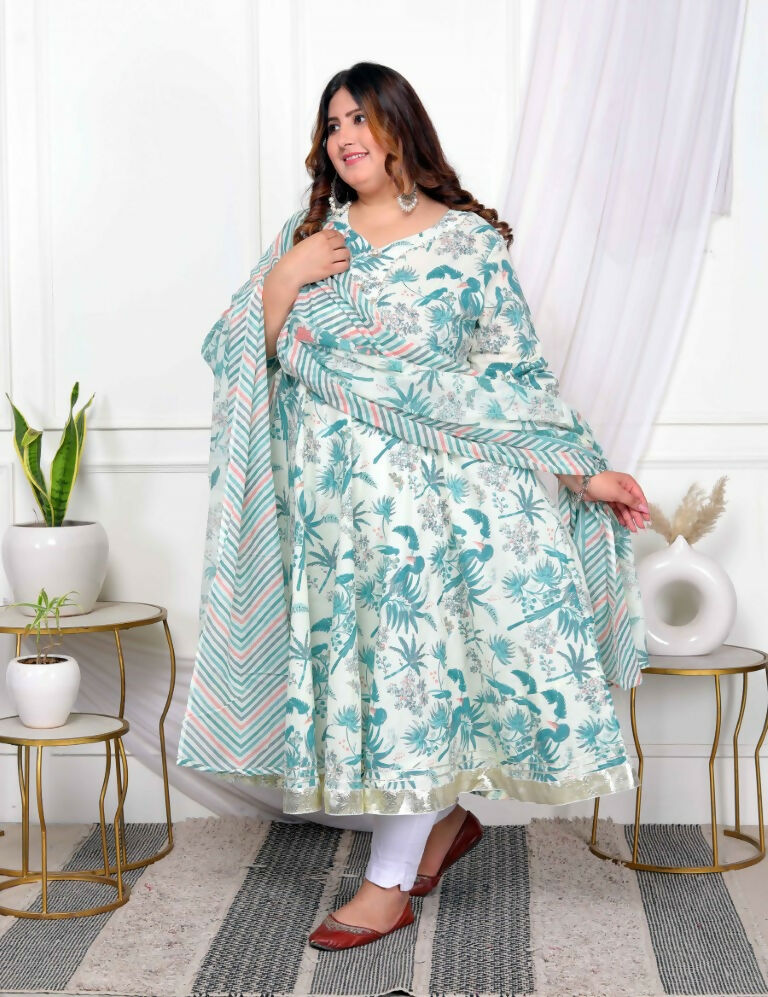 Miravan Women's Plus Size Light Green Cotton Birds And Leaf Floral Printed And Lace Border Details Anarkali Kurta And Dupatta Set