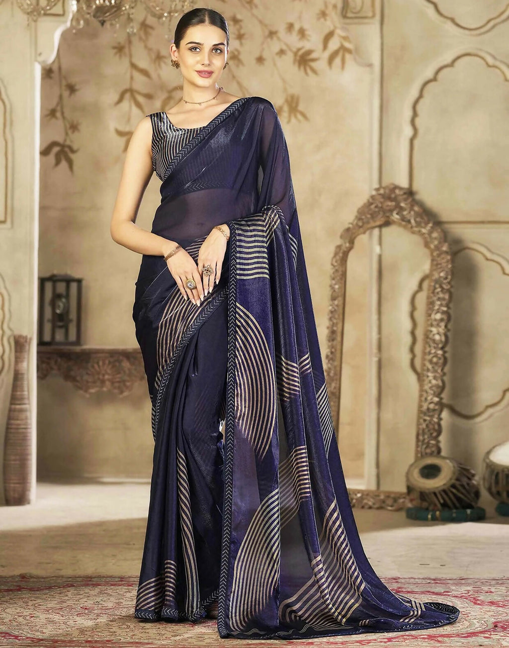 Joban Fashion Satin Organza Navy Blue Swarovski Saree - Distacart