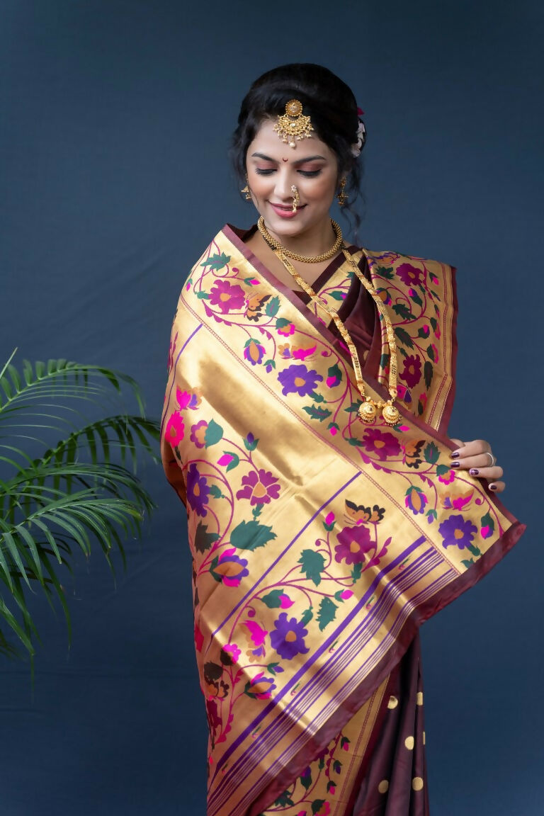 Jyoti Fashion Women's Brown Paithani Silk Zari Woven Saree with Blouse