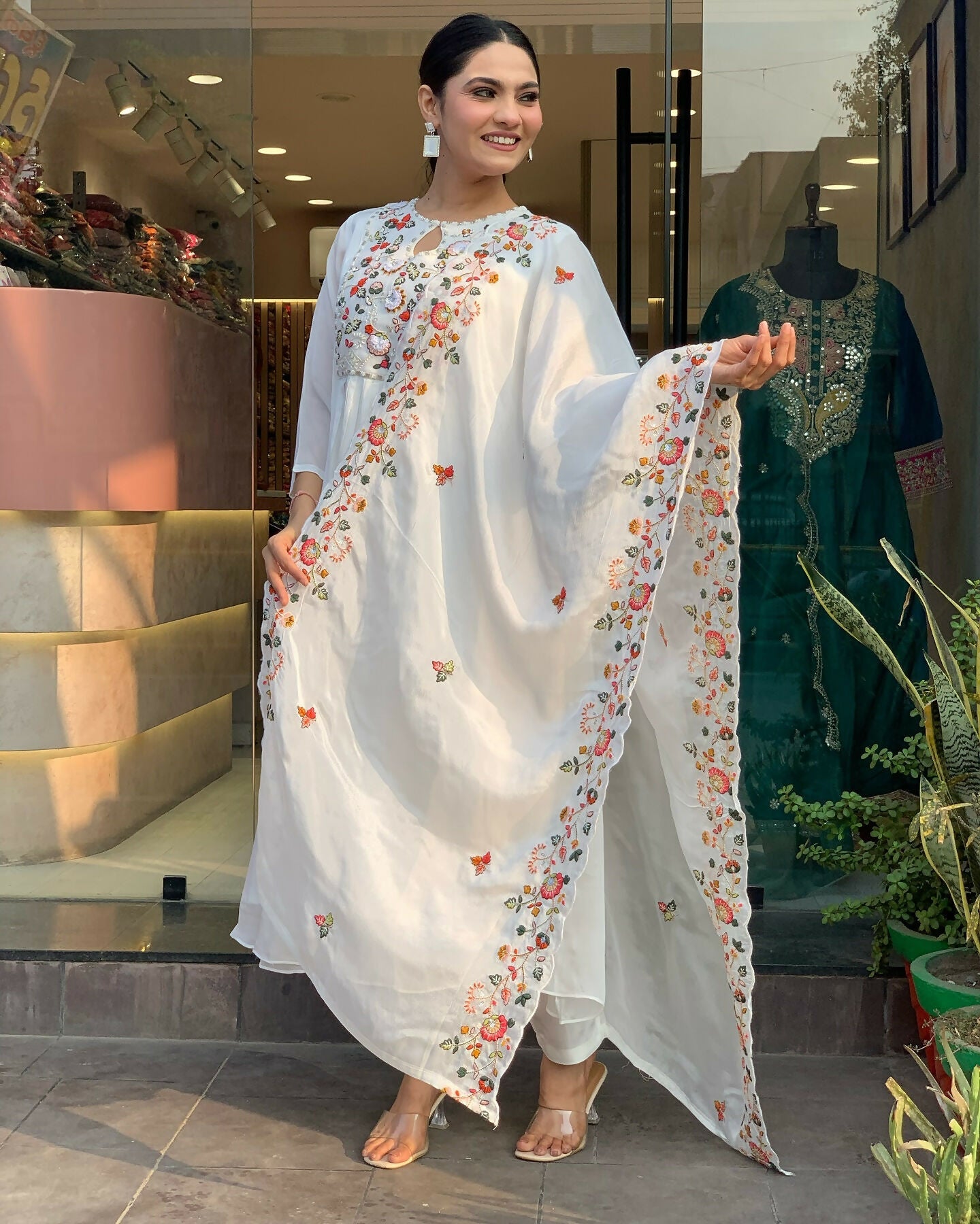 The52 White Women's Gorgeous Embroidered Viscose Chiffon Fabric Pleated Kurta Pant with Dupatta Set - Distacart
