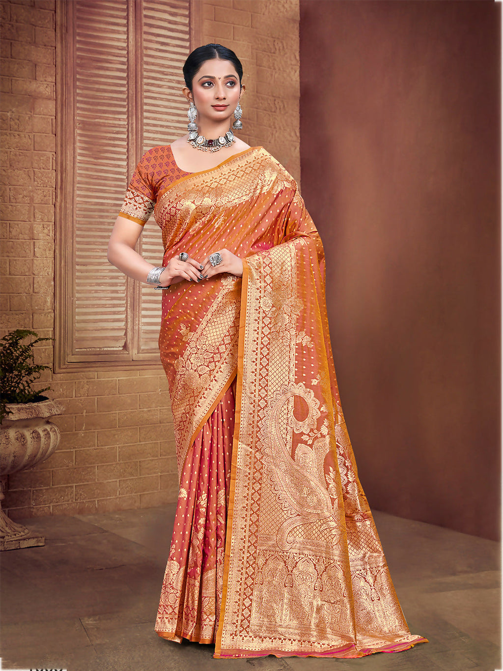 Sangam Prints Orange Silk Woven Work Traditional Saree