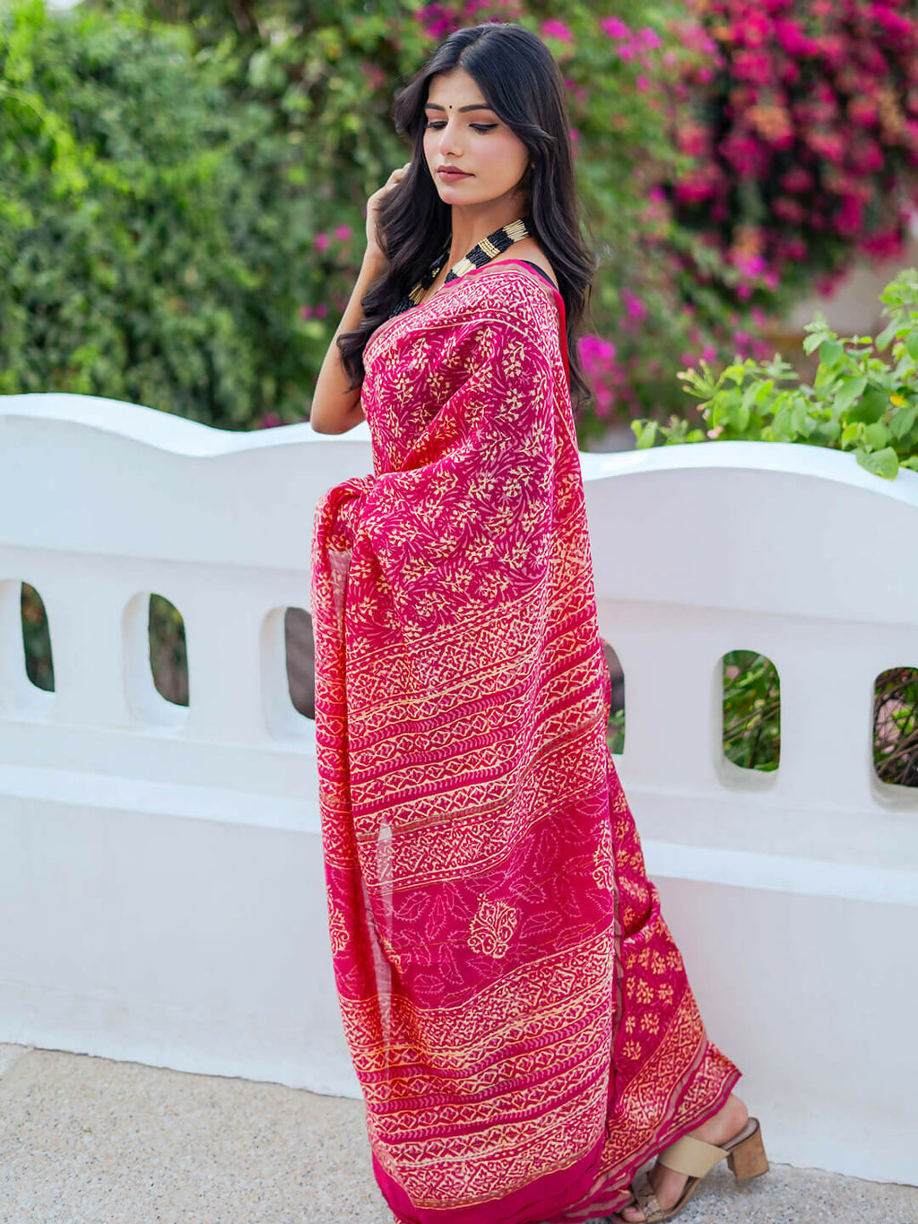 Zibaa Hand-Blocked Pure Chanderi Silk Pink Saree - Distacart