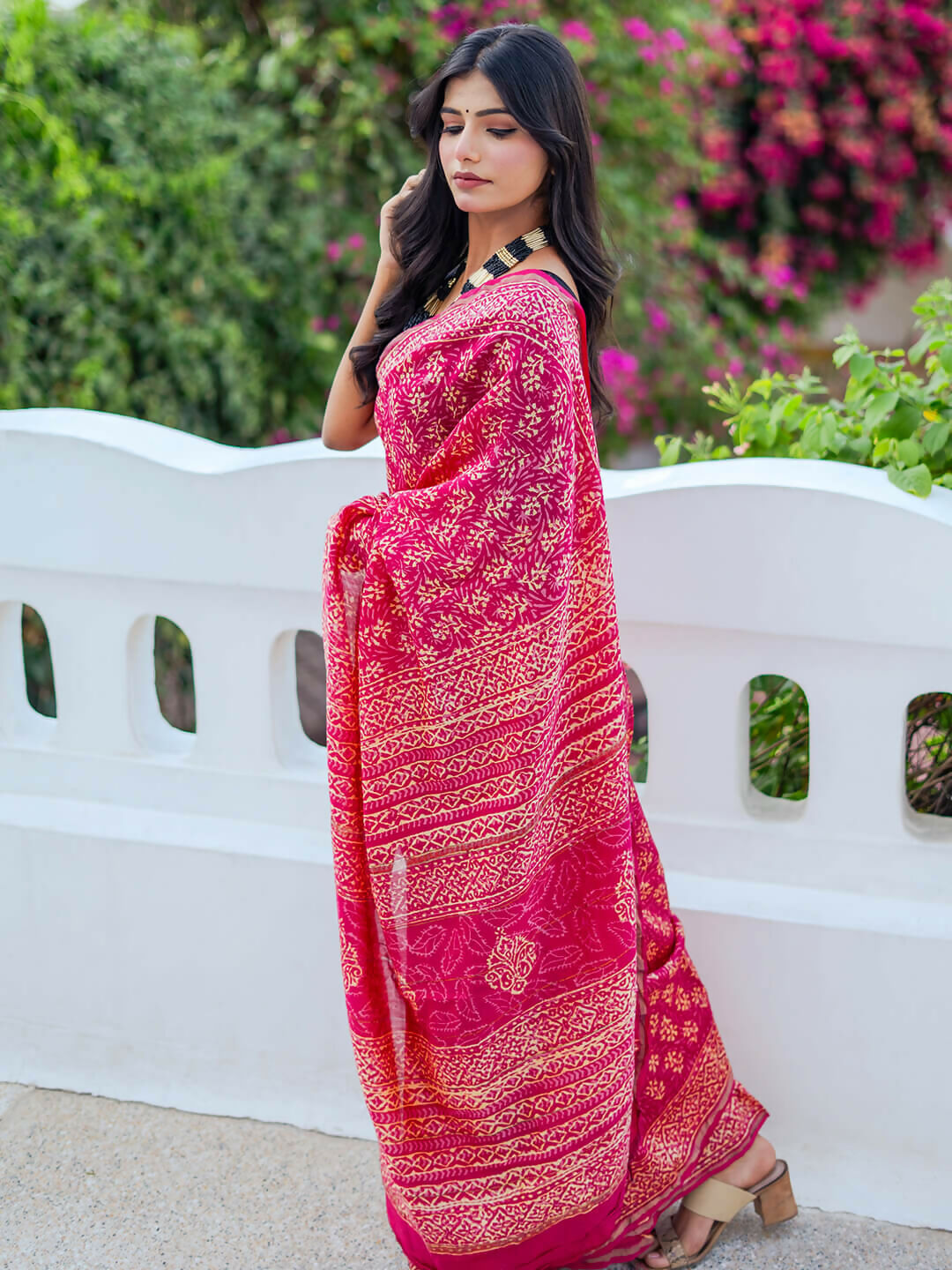 Zibaa Hand-Blocked Pure Chanderi Silk Pink Saree - Distacart