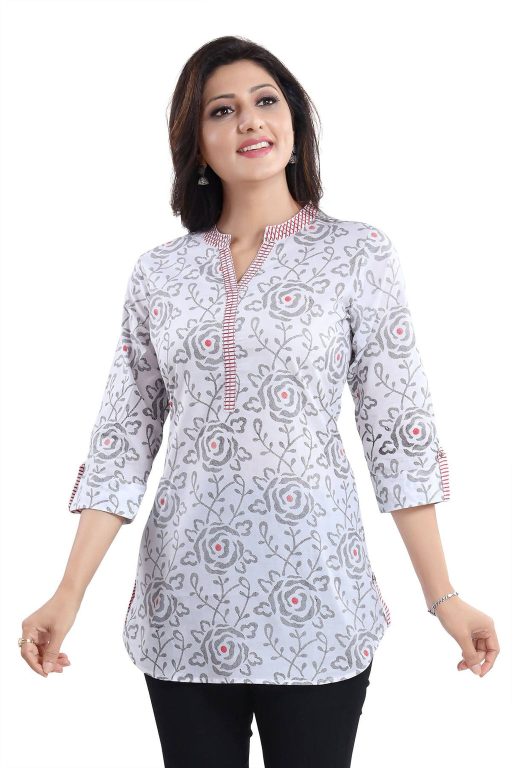Snehal Creations Vibrant Vigour White Cotton Printed Short Tunic Top - Distacart