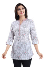 Snehal Creations Vibrant Vigour White Cotton Printed Short Tunic Top - Distacart
