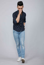 Miravan Men's Blue Spread Collar Floral Print Casual Shirt