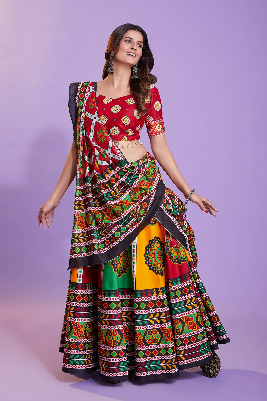 Multi Color Pure Cotton Hand Block Print Navratri Lehenga Choli with Dupatta - Raas
