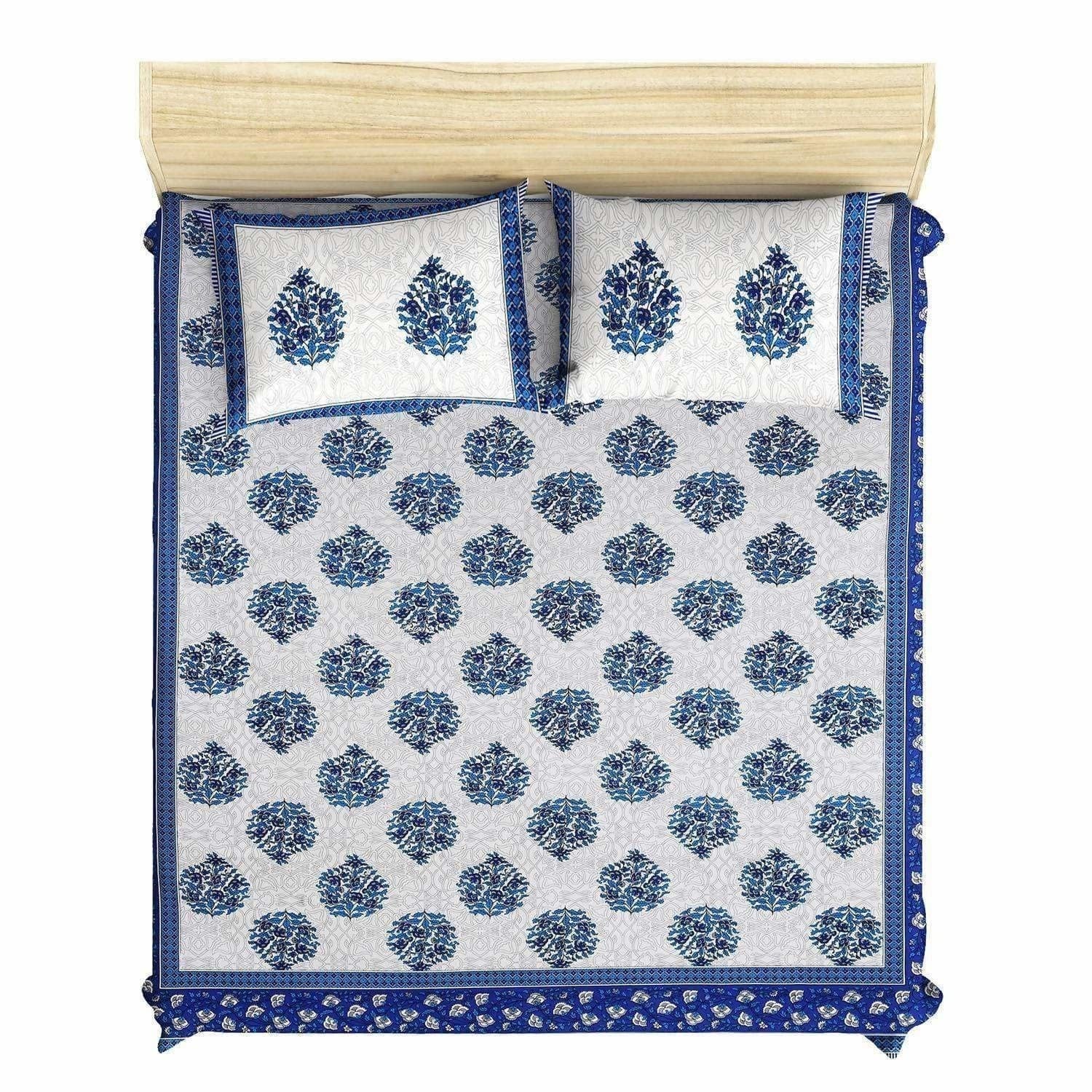 Queen Size 230x270 Cms Jaipuri Hand Block Printed Traditional 144TC Cotton Bedsheet with 2 Pillow Covers
