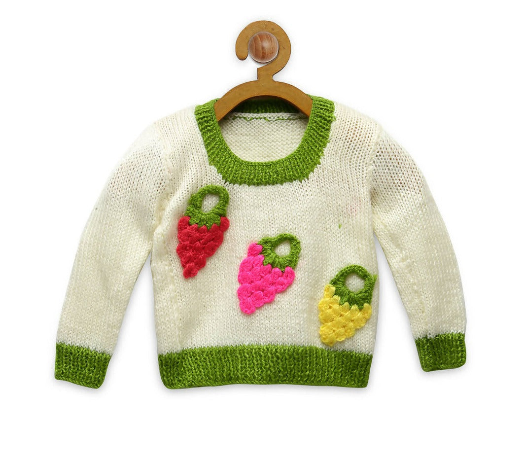 Chutput Kids Woollen Hand Knitted Strawberry Sweater - Cream