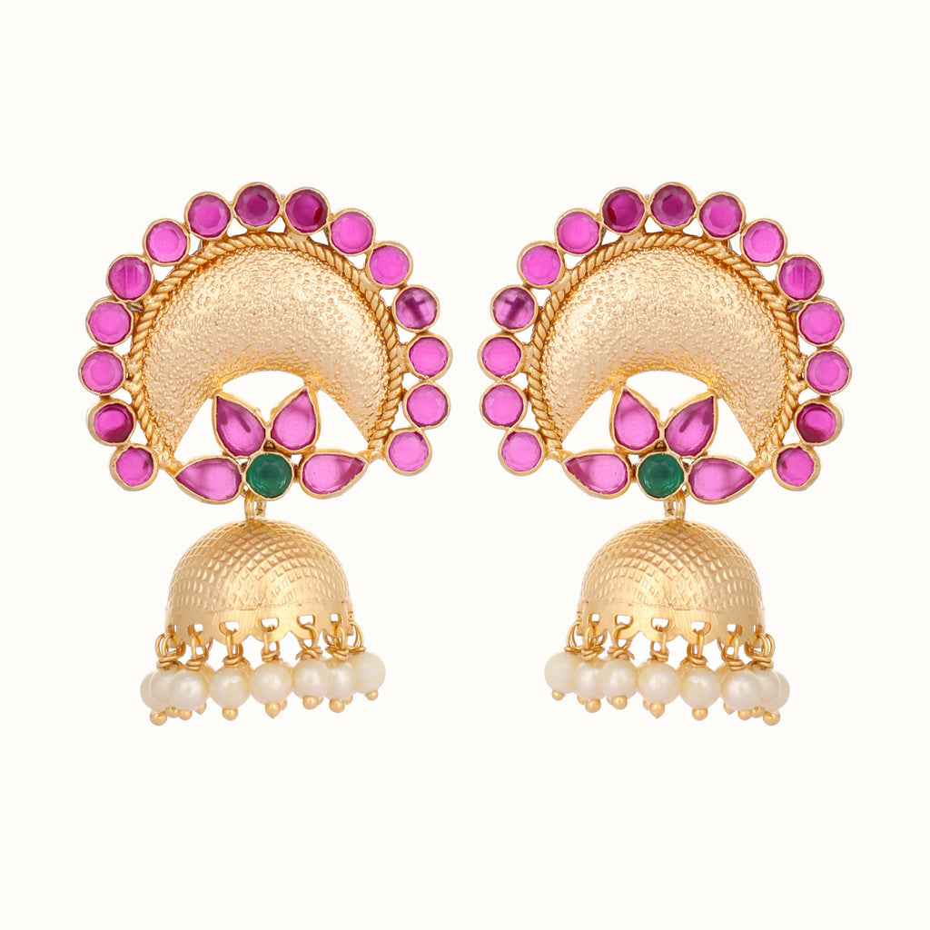 Nuyug 22K Gold Plated Ruby & Pearl Studded Dome Shaped Jhumkas - Distacart
