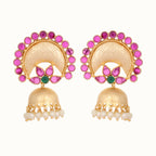 Nuyug 22K Gold Plated Ruby & Pearl Studded Dome Shaped Jhumkas - Distacart