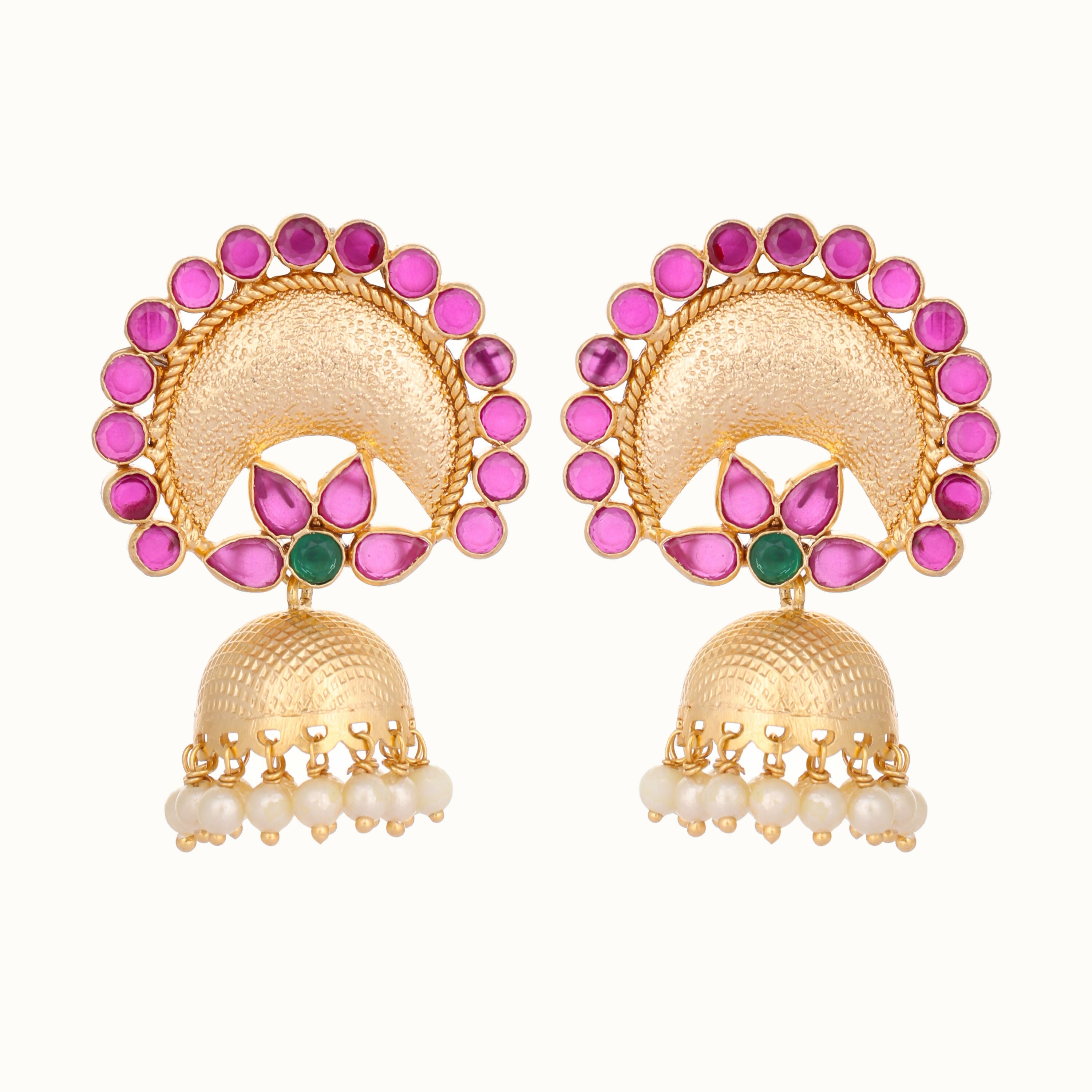 Nuyug 22K Gold Plated Ruby & Pearl Studded Dome Shaped Jhumkas - Distacart