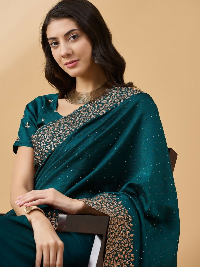 Teal Silk Blend Embroidered Saree with Unstitched Blouse - Vairagi