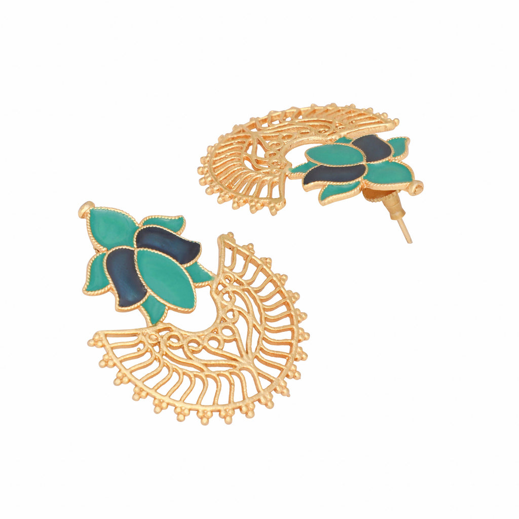 Nuyug 22K Gold Plated Turquoise Enamel Studded Indo-Western Floral Jali Statement Stud Earrings - Distacart