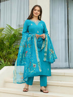 The52 Blue Women's Gorgeous Viscose Fabric Embroidered Work Straight Kurta, Pant and Dupatta Set - Distacart