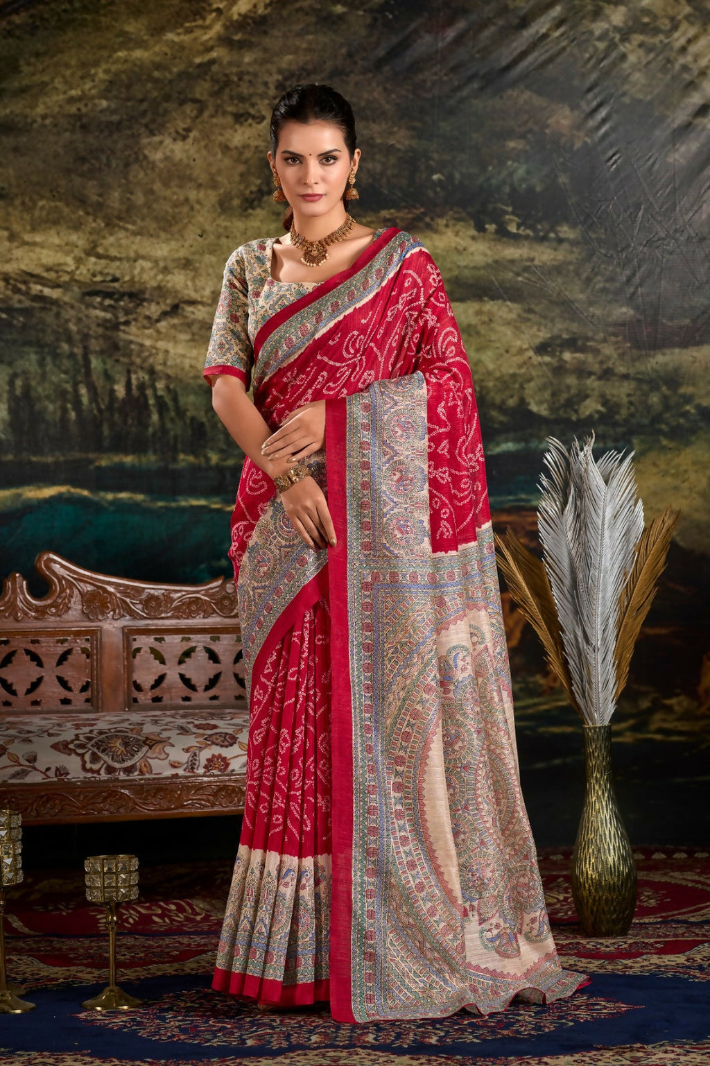 Vastranavya Maroon Silk Madhubani & Bandhej Fusion Print Saree with Unstitched Blouse
