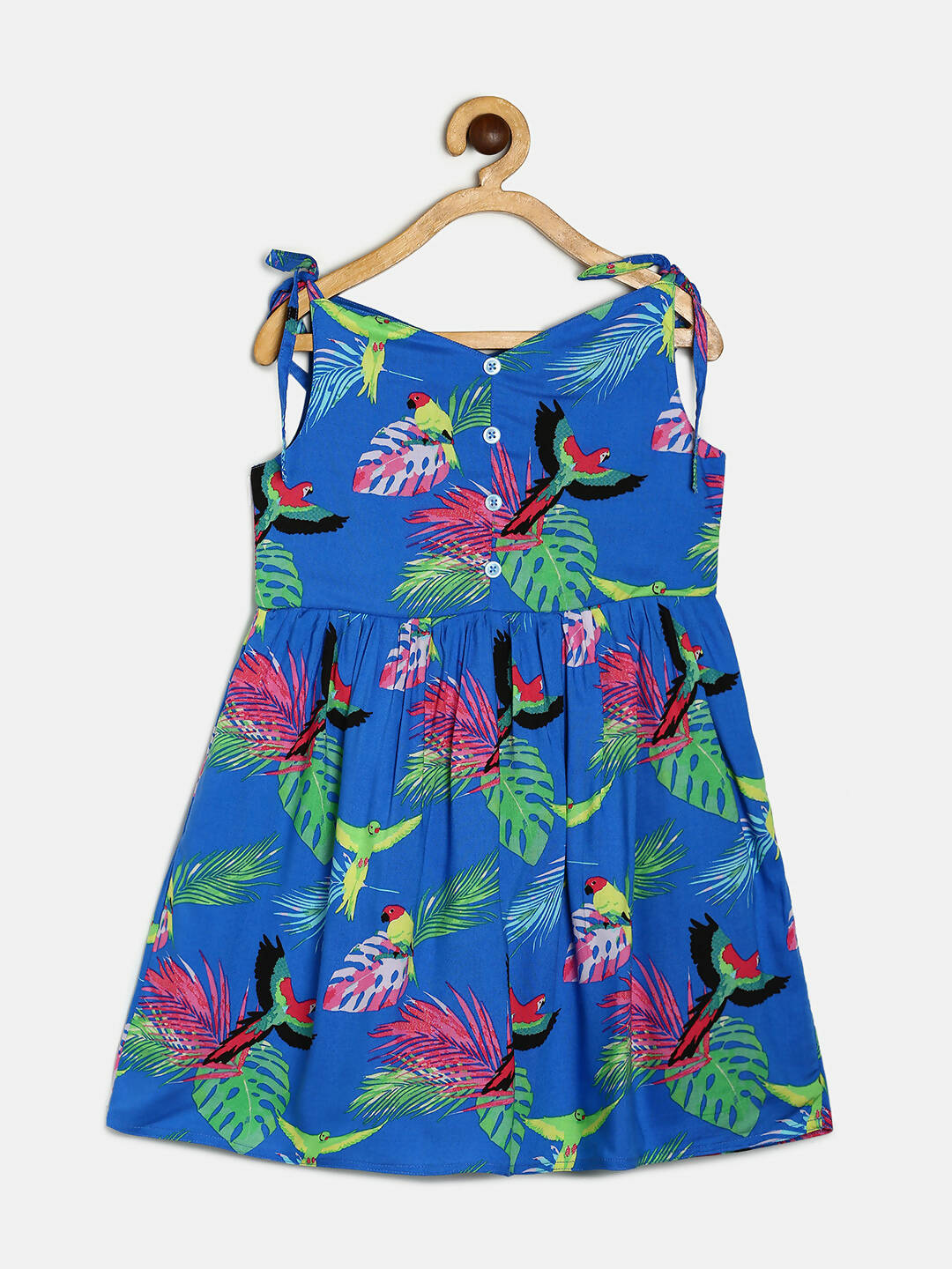 Manet Girls Cotton String Tie Frock Parrot Printed - Blue