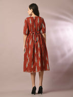Myshka Women's Rust Printed Cotton V-Neck Empire Party Dress - Distacart