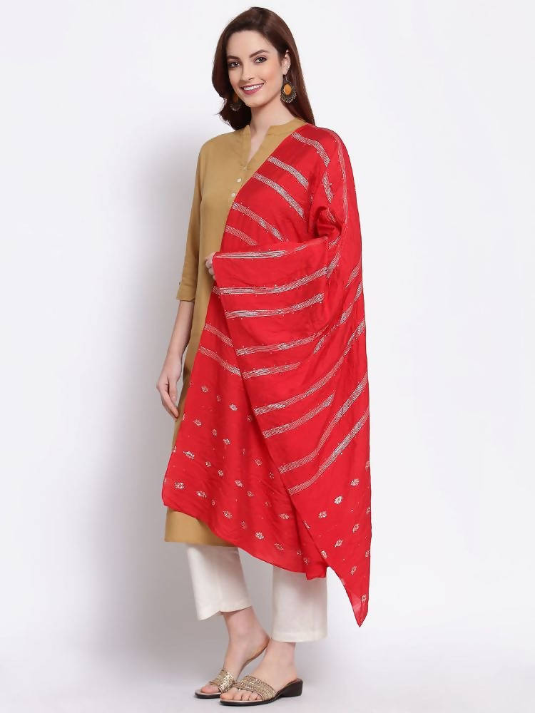 Myshka Women's Red Cotton Silk Printed Casual Dupatta
