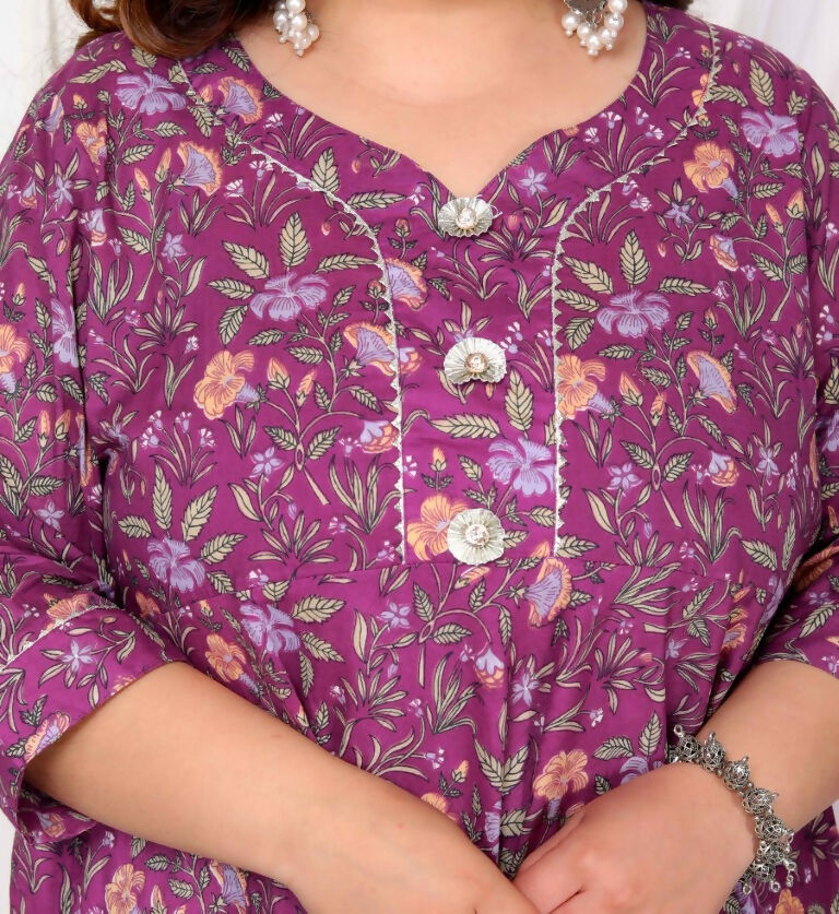 Miravan Women's Plus Size Cotton Gota Patti And Lace Border Details Floral Printed Purple Anarkali Kurta