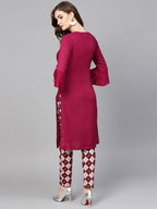 Yufta Women Burgundy Solid Bell Sleeves Straight Kurta with Tassel Detail