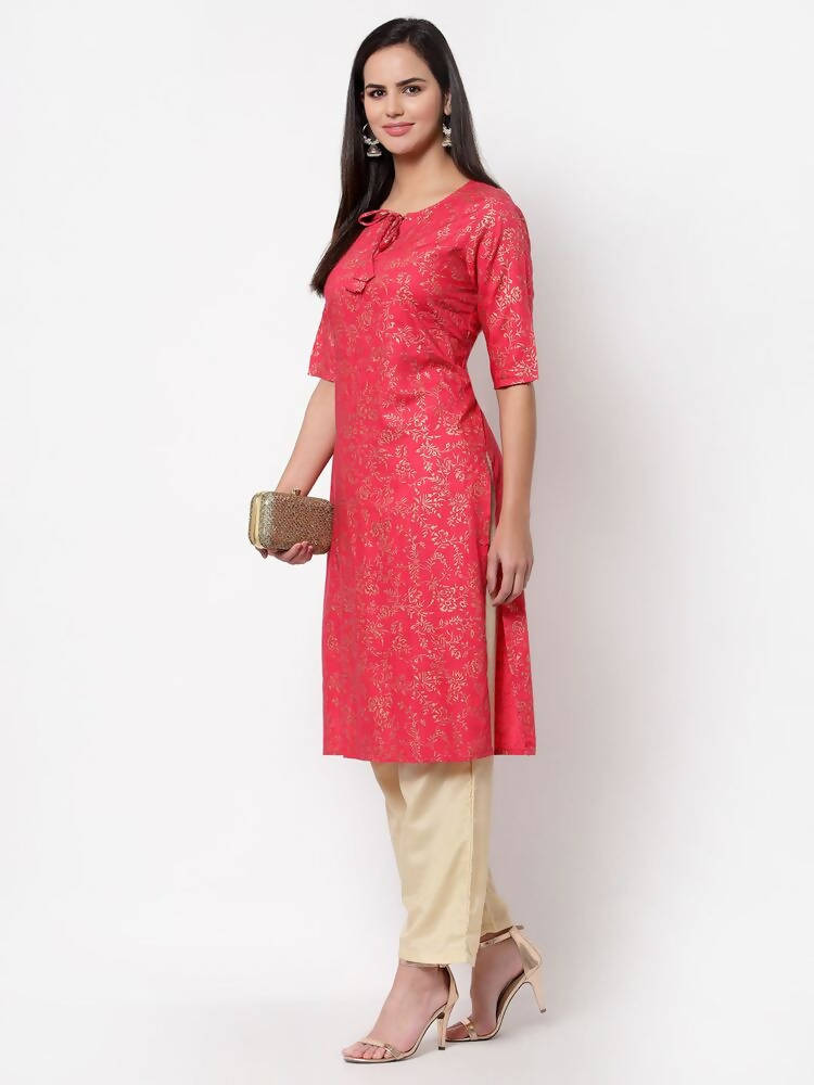 Myshka Women's Pink Rayon Printed Regular Sleeves Round Neck Casual Kurta