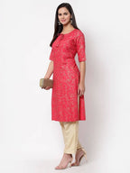 Myshka Women's Pink Rayon Printed Regular Sleeves Round Neck Casual Kurta