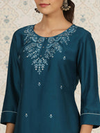 Teal Chinon Embroidered Straight Top - Zeny