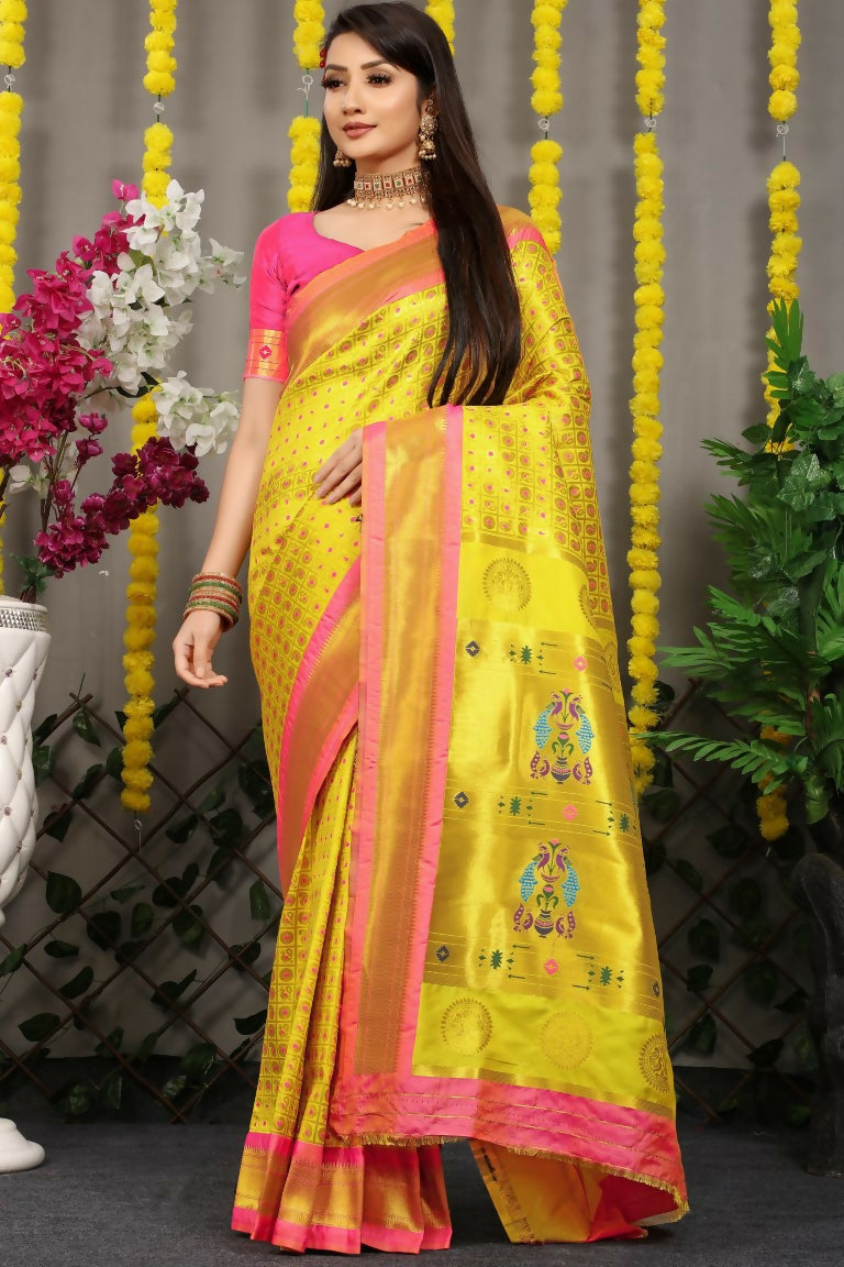 Jyoti Fashion Women's Yellow Banarasi Silk Zari Woven Saree with Blouse