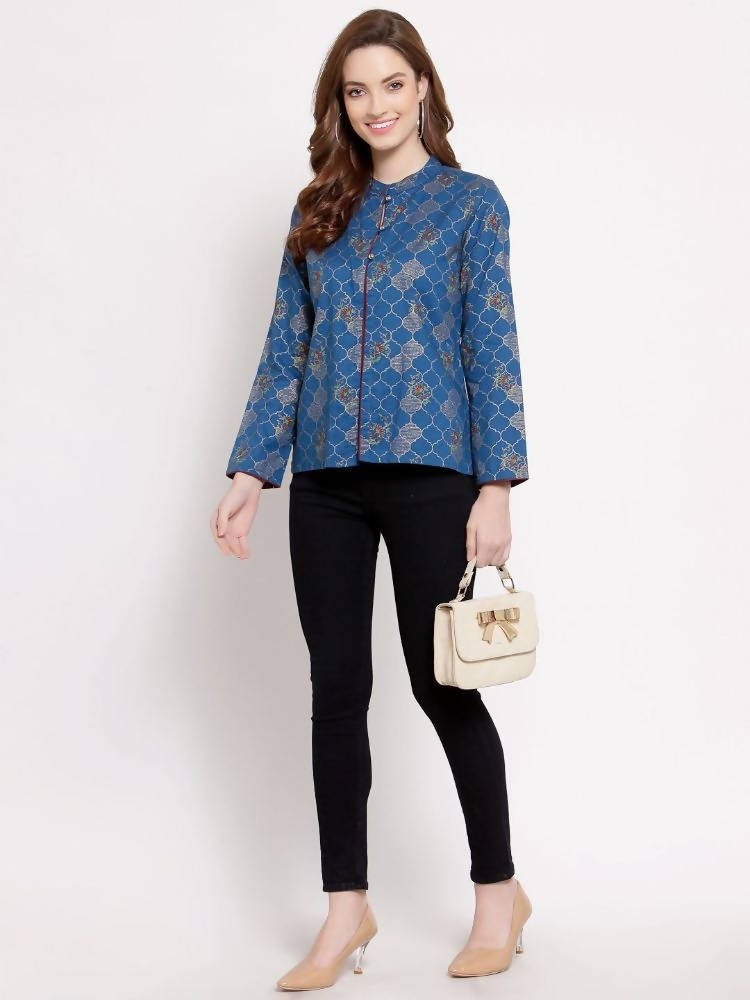 Myshka Women's Blue Cotton Full Sleeve Mandarin Collar Printed Casual Jacket