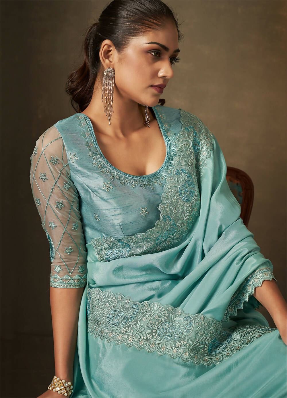 Light Blue Crepe Georgette Silk Embroidered with Swaroski Work Saree With Unstitched Blouse Piece - Norita Royal Erisha