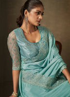 Light Blue Crepe Georgette Silk Embroidered with Swaroski Work Saree With Unstitched Blouse Piece - Norita Royal Erisha