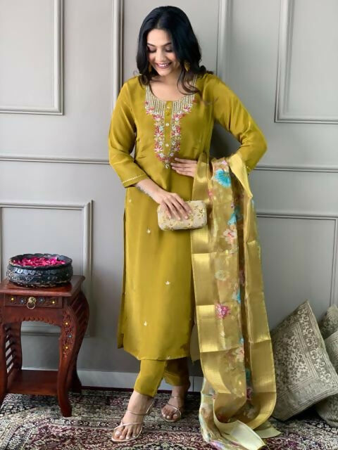 The52 Mustard Gorgeous Embroidered Viscose Chanderi Fabric Straight Kurta Pant with Dupatta Set - Distacart