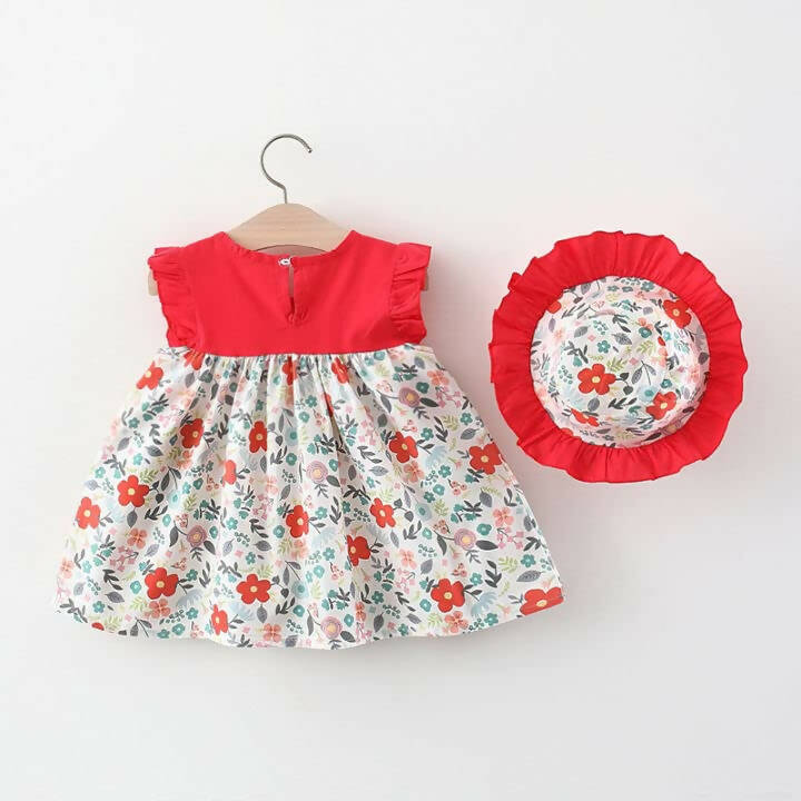 Bold N Elegant Cotton Floral Printed Ruffle Sleeve Princess Dress Frock With Fabric Hat Cap - Red