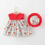Bold N Elegant Cotton Floral Printed Ruffle Sleeve Princess Dress Frock With Fabric Hat Cap - Red