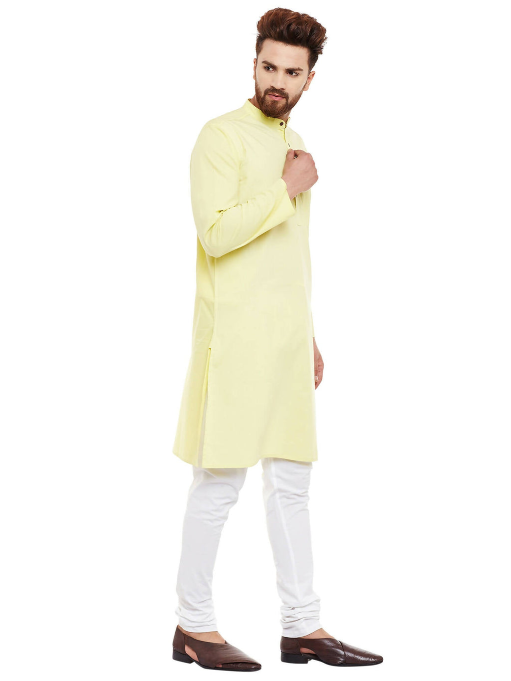Even Apparels Yellow Pure Cotton Men's Kurta With Band Collar - Distacart