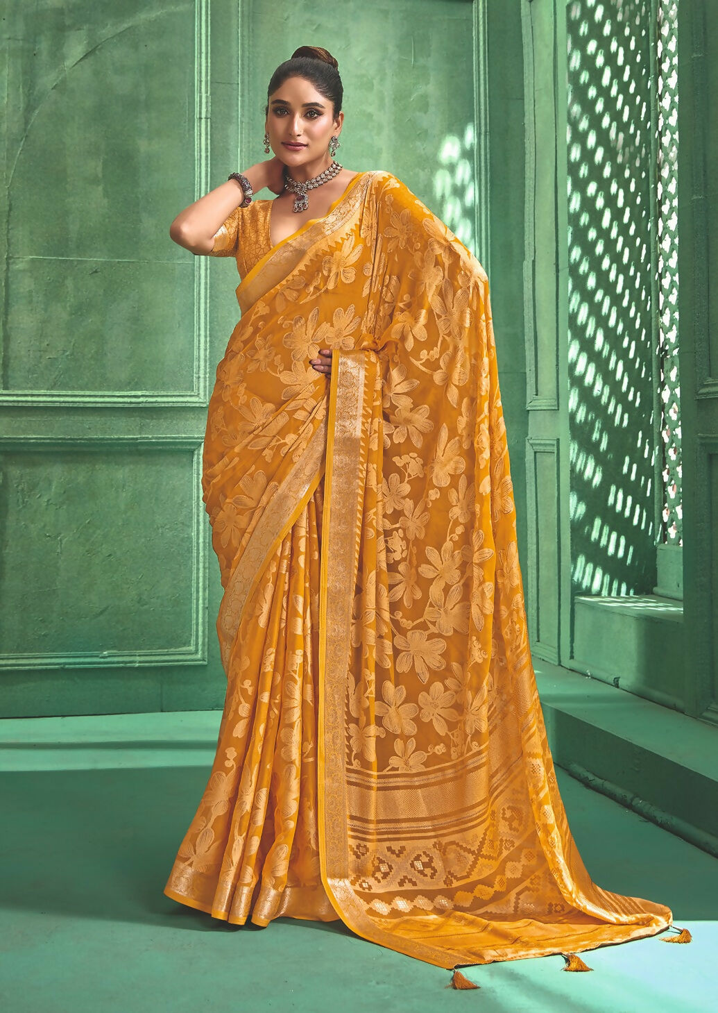 Joban Fashion Yellow Dull Moss Brasso With Kasab Zari Border Saree & Tassels With Brasso Blouse - Distacart