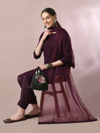 Myshka Women's Magenta Embroidered Cotton Straight Party Kurta Set With Dupatta