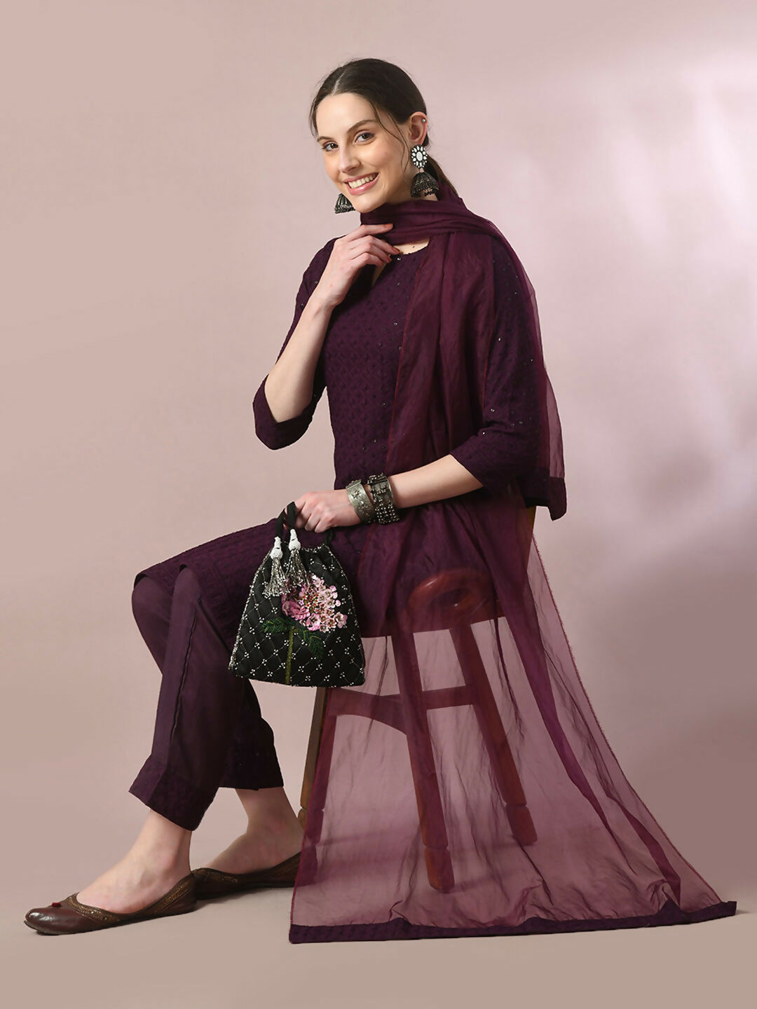 Myshka Women's Magenta Embroidered Cotton Straight Party Kurta Set With Dupatta