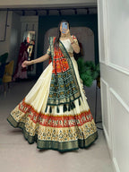 Vastranavya Ethnic Wardrobe with Our Stunning Patola Printed and Foil Work Tussar Silk Lehenga with Unstitched Choli - Off White