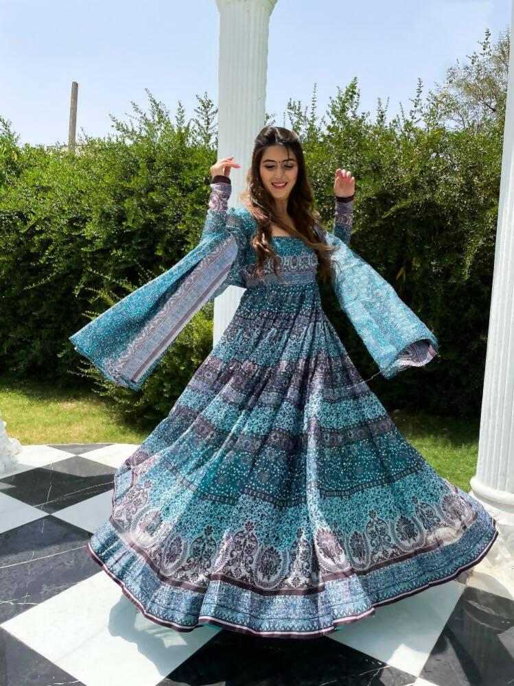 All Season Designer Blue With Multycolor Pure Maslin Gown - Anbazaar - Distacart
