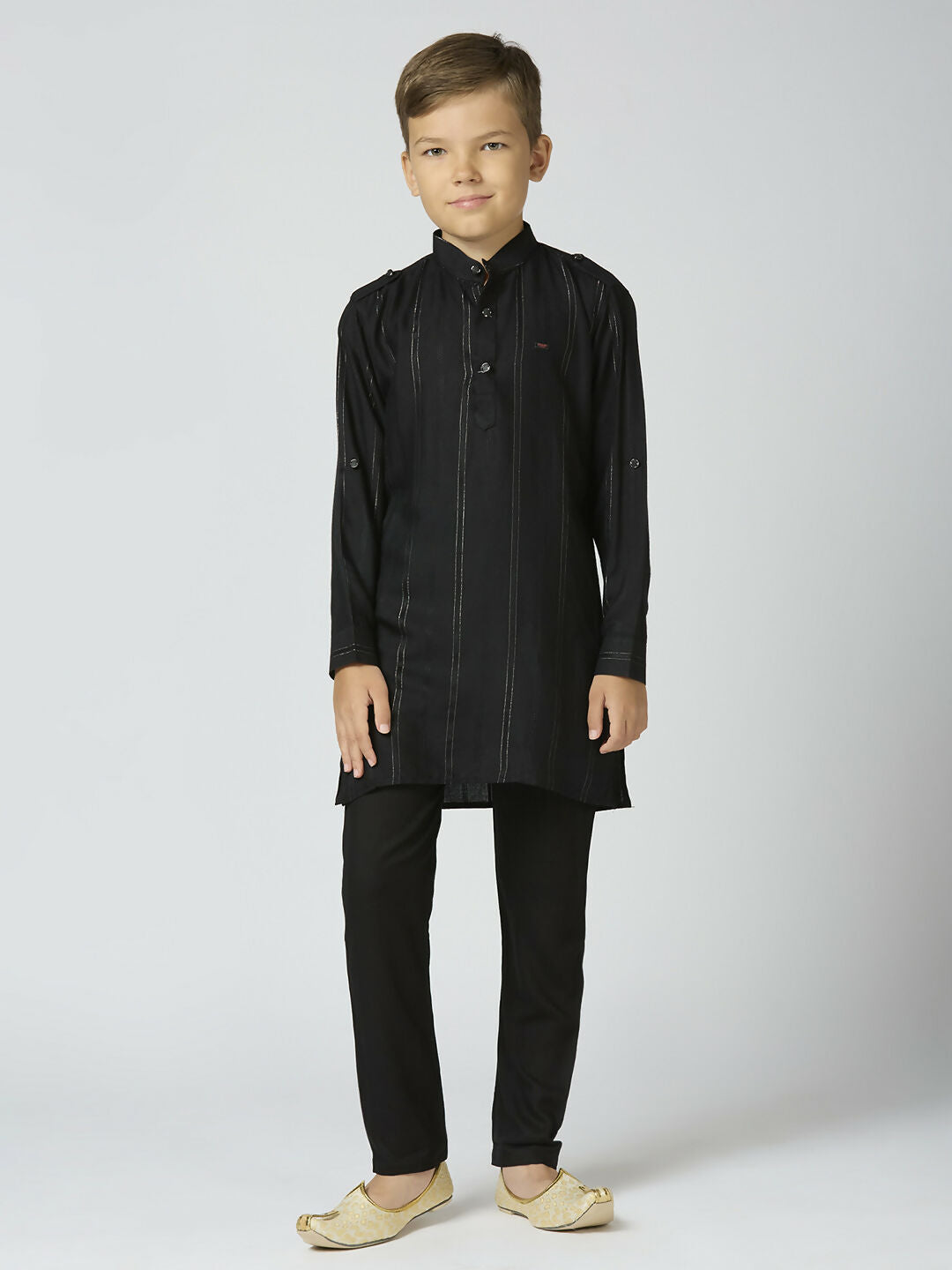 Joban Fashion Kids Island Full Sleeves Cotton Kurta and Pyjama Set with Strip - Black