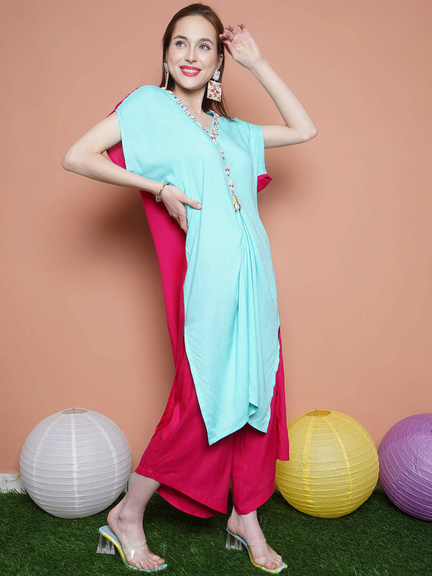 Women Republic Blue And Pink Assyemtrical Kurta Set - Distacart